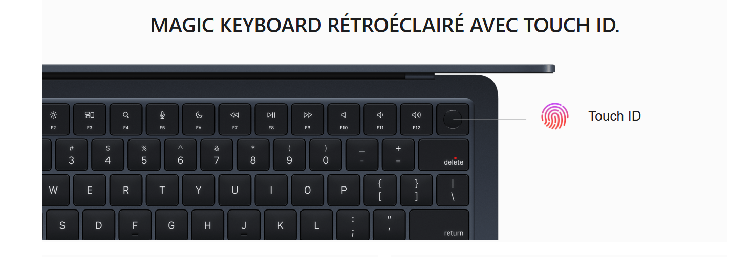  Apple MacBook Air M2 MC7U4FN/A : capteur Touch ID intégré au clavier permet de déverrouiller votre Mac en un instant